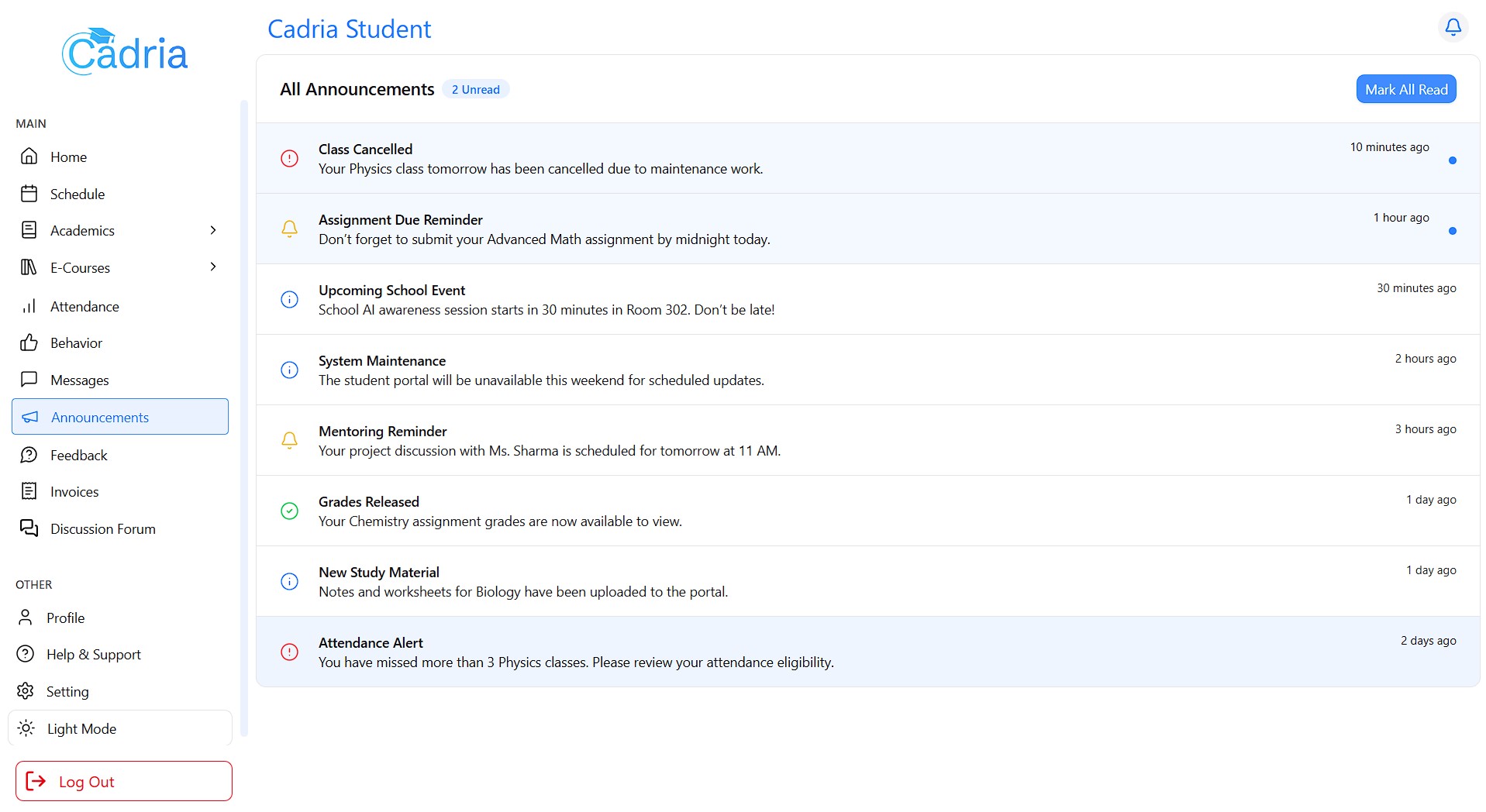 Cadria student view of announcements and circulars