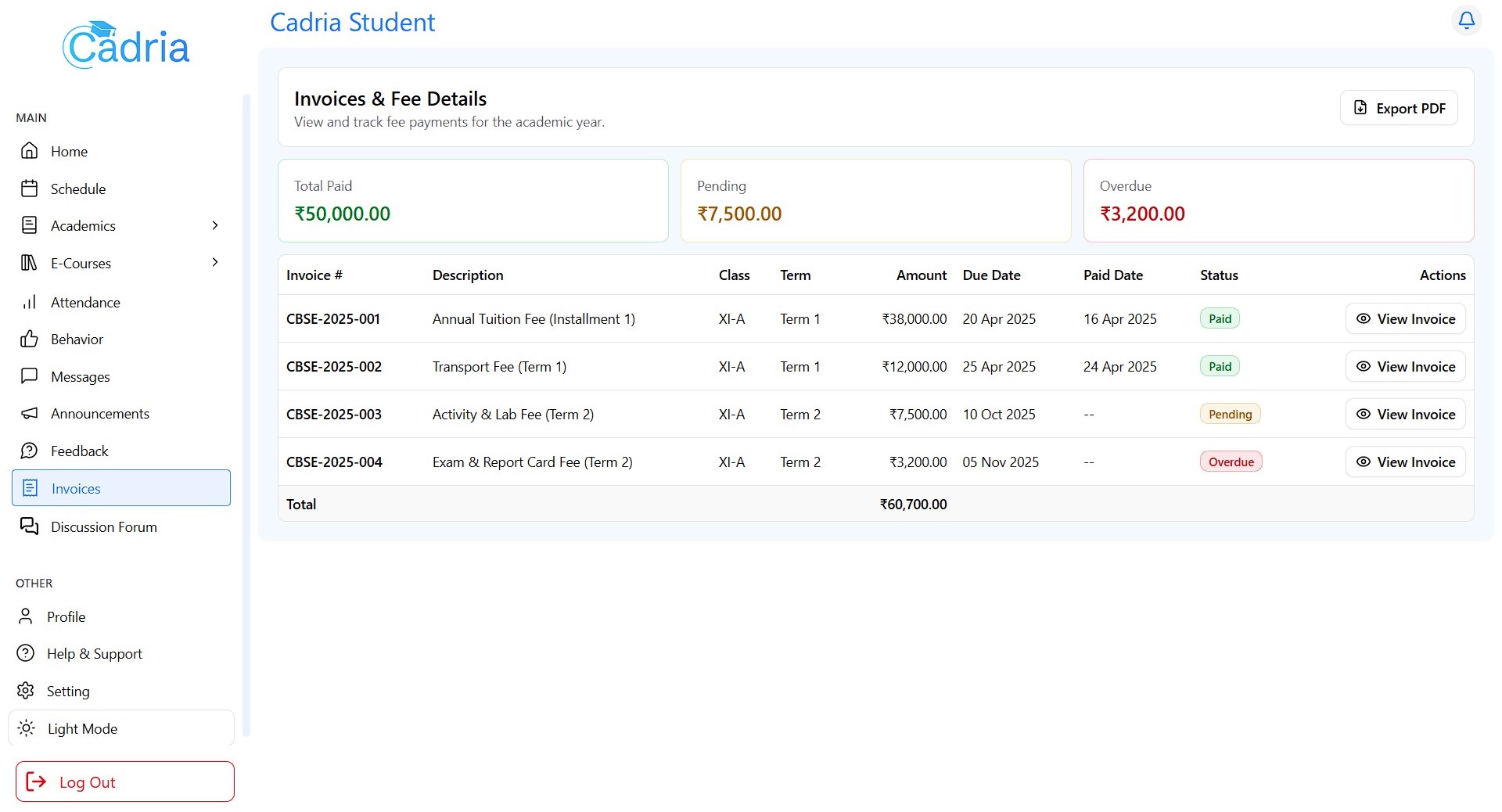 Cadria student view of invoices and fee payments