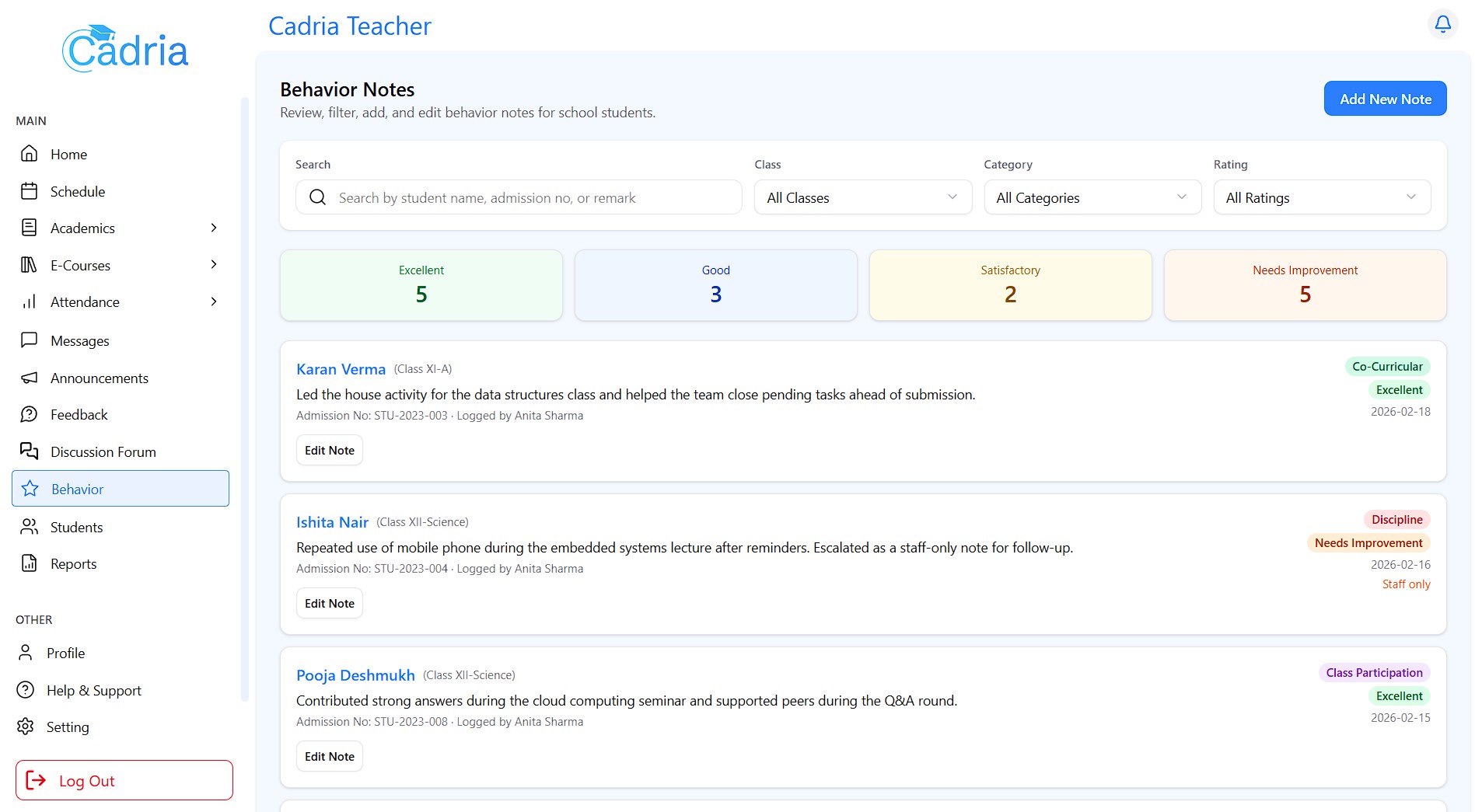 Cadria teacher view of behavior and conduct notes