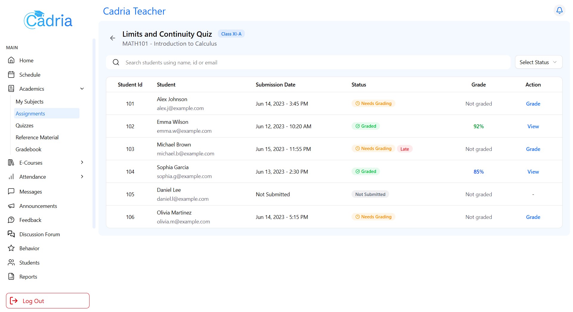 Cadria teacher view of assignment submissions and grading
